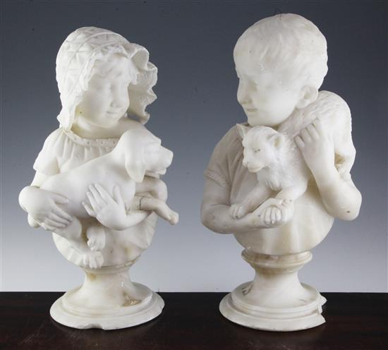 A pair of late 19th century carved alabaster busts of children, 16in.